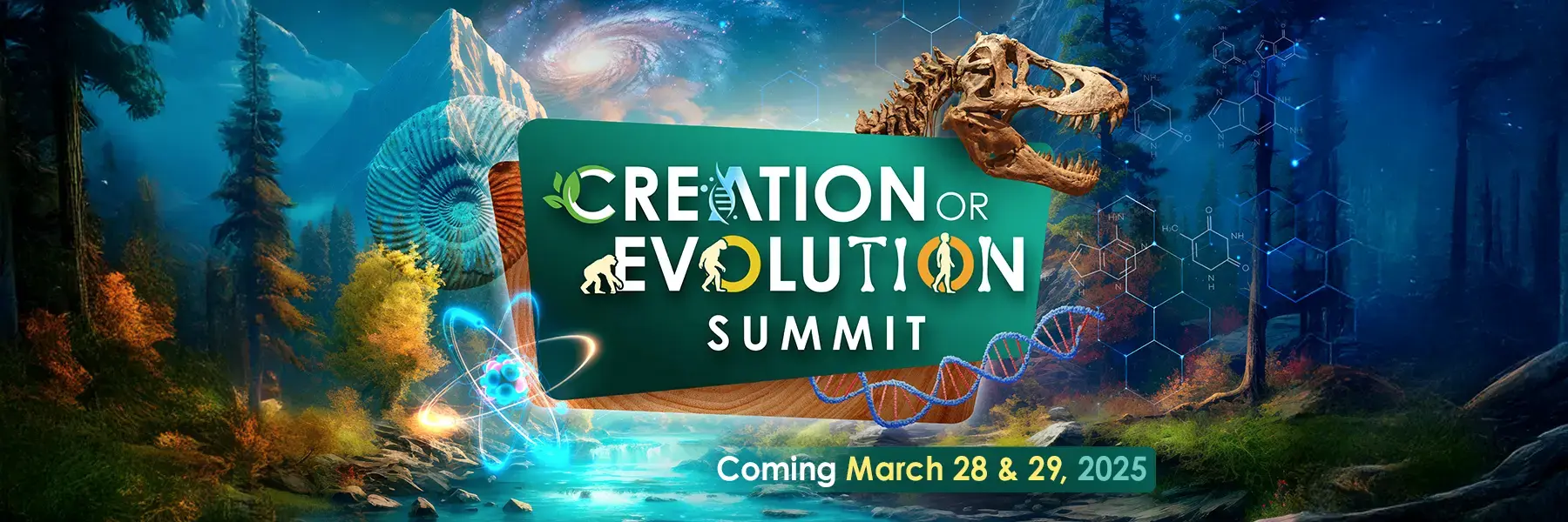 Logo for Creation and Evolution Event with a pretty nature scene behind it