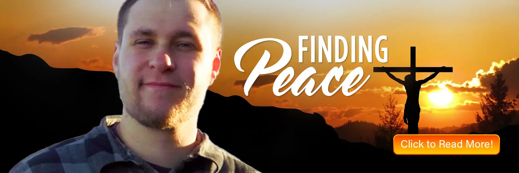 Man smiling with a sunset silhouette of Jesus on the cross in the background