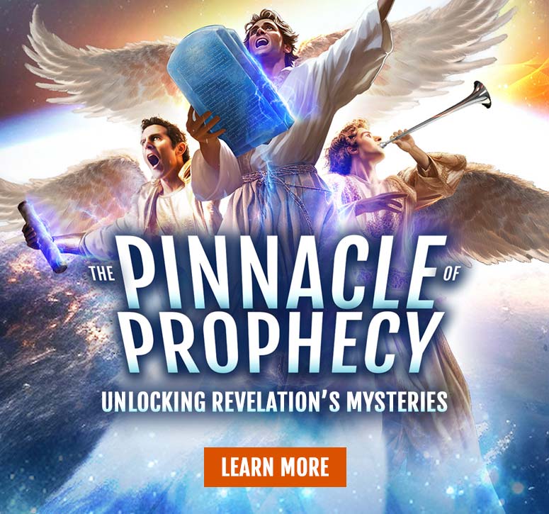 The Pinnacle of Prophecy header title with three angels in space.