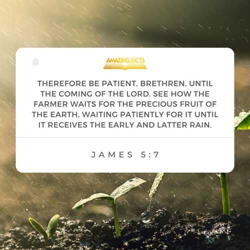 Be patient therefore, brethren, unto the coming of the Lord. Behold, the husbandman waiteth for the precious fruit of the earth, and hath long patience for it, until he receive the early and latter rain. James 5:7