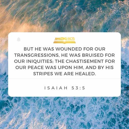 But he was wounded for our transgressions, he was bruised for our iniquities: the chastisement of our peace was upon him; and with his stripes we are healed. Isaiah 53:5